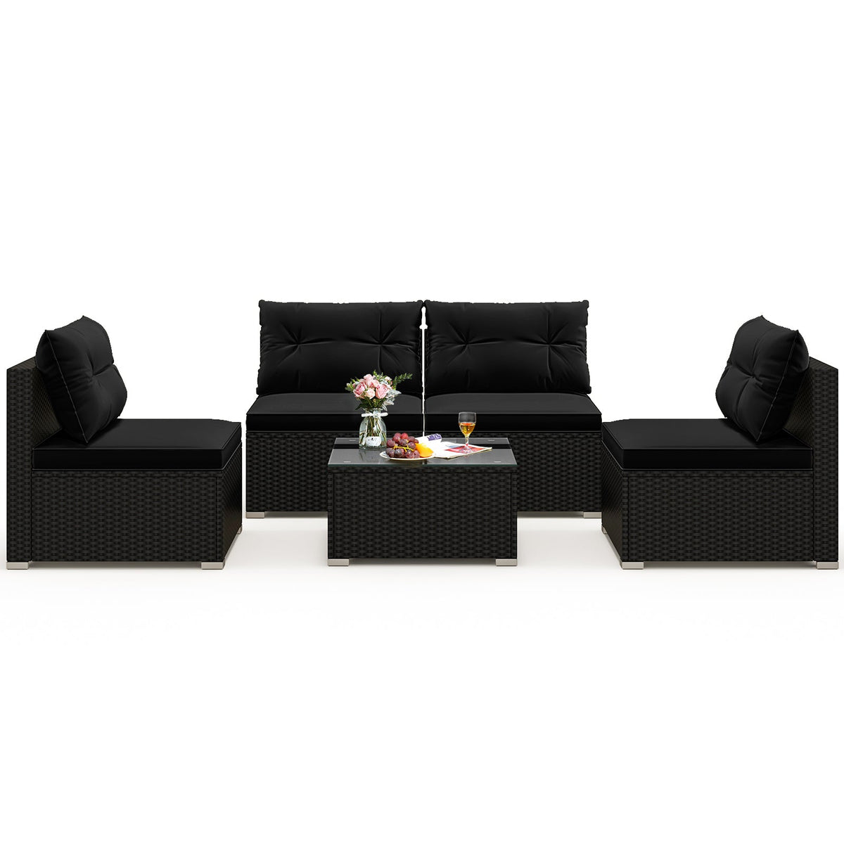 DirectDeals 5-Piece Black PE Wicker Outdoor Patio Furniture Set with Cushions & Coffee Table