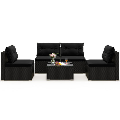 DirectDeals 5-Piece Black PE Wicker Outdoor Patio Furniture Set with Cushions & Coffee Table