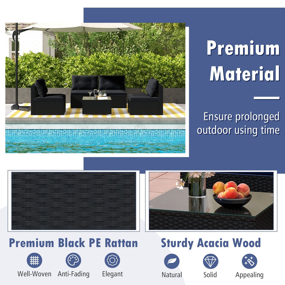 DirectDeals 5-Piece Black PE Wicker Outdoor Patio Furniture Set with Cushions & Coffee Table