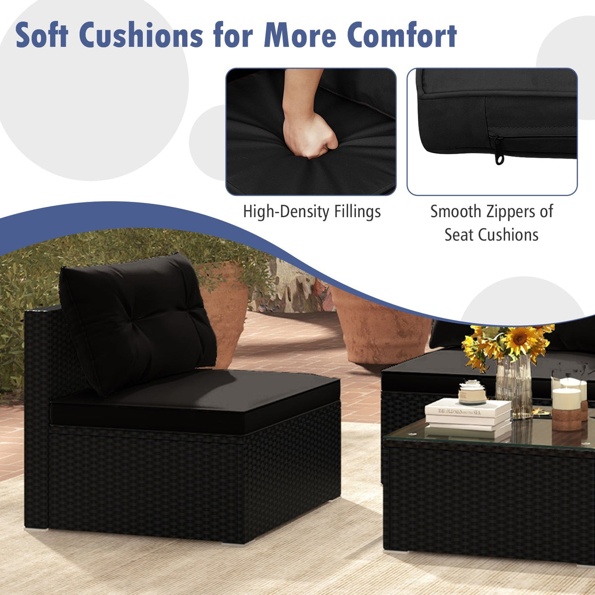 DirectDeals 5-Piece Black PE Wicker Outdoor Patio Furniture Set with Cushions & Coffee Table