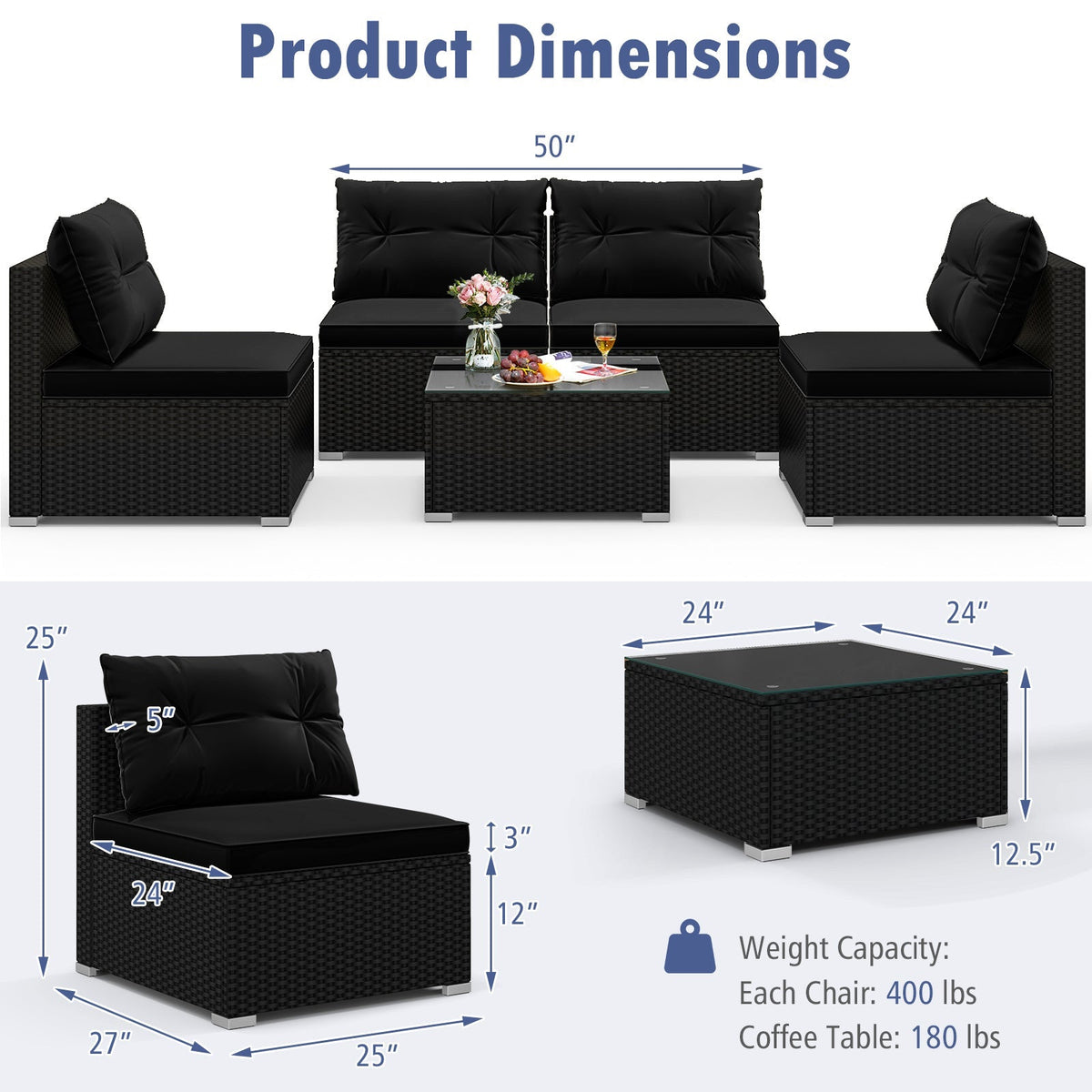 DirectDeals 5-Piece Black PE Wicker Outdoor Patio Furniture Set with Cushions & Coffee Table