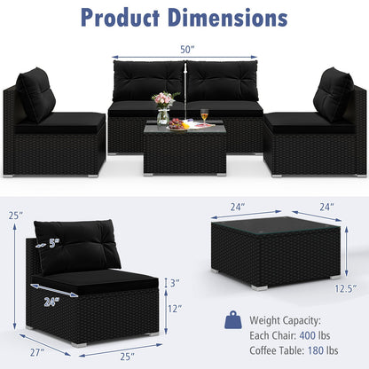 DirectDeals 5-Piece Black PE Wicker Outdoor Patio Furniture Set with Cushions & Coffee Table