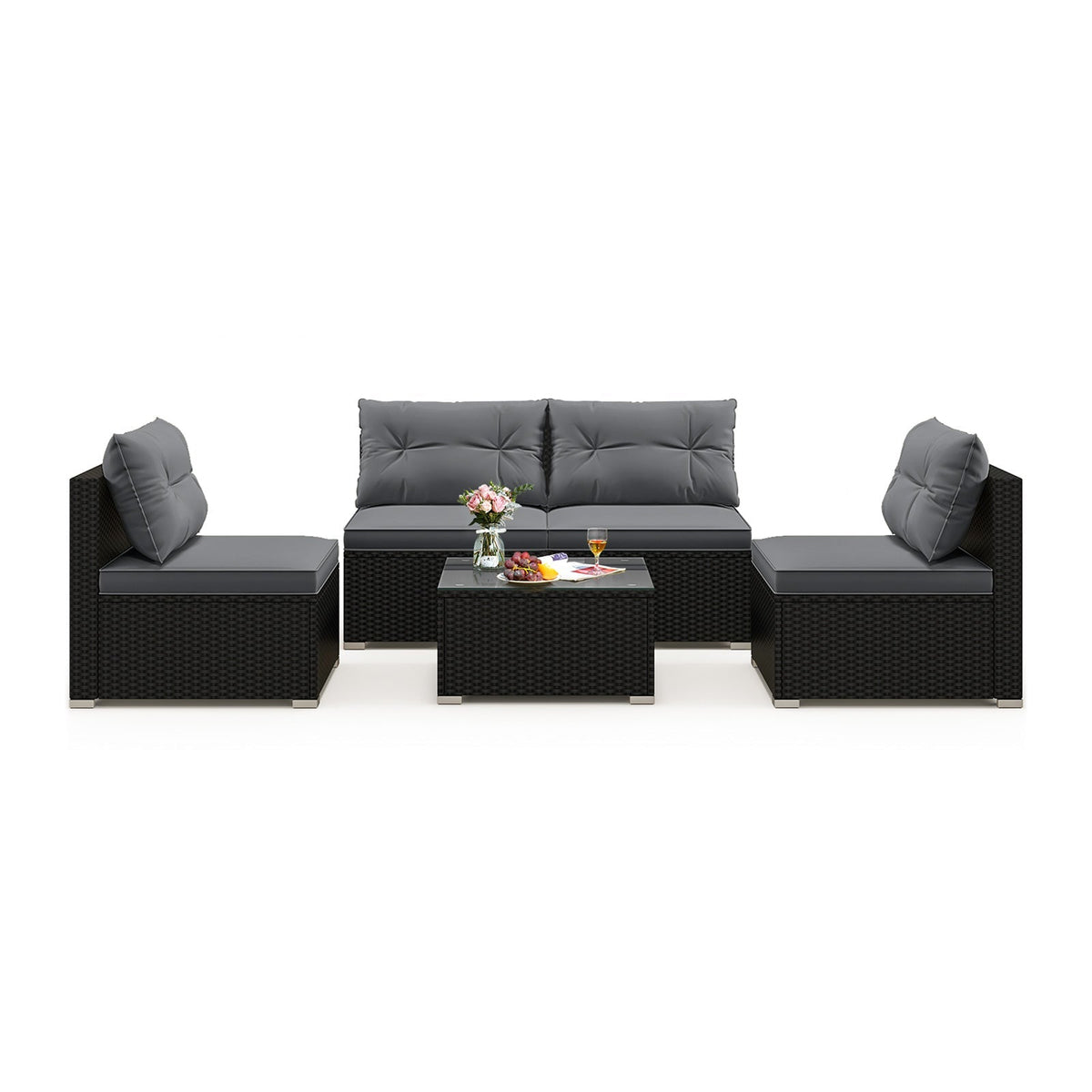 DirectDeals 5-Piece Black PE Wicker Outdoor Patio Furniture Set with Cushions & Coffee Table