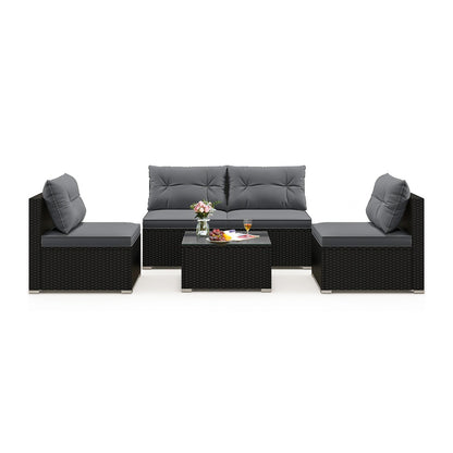 DirectDeals 5-Piece Black PE Wicker Outdoor Patio Furniture Set with Cushions & Coffee Table