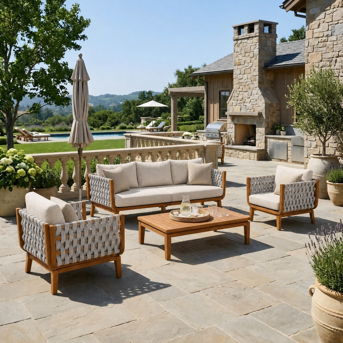4-Piece Acacia Wood & Rope Outdoor Conversation Set with Coffee Table