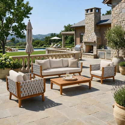 4-Piece Acacia Wood & Rope Outdoor Conversation Set with Coffee Table