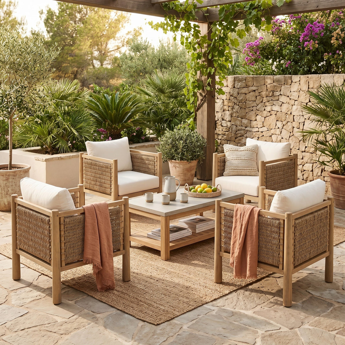 4-Piece Acacia Wood & Handwoven Rattan Outdoor Armchair Set