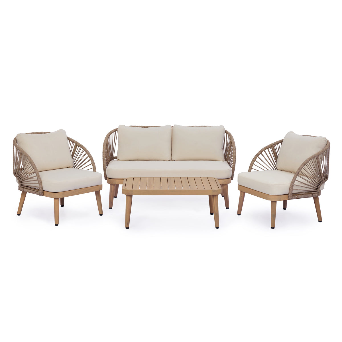 4-Piece Sculptured Seating Acacia Wood & Handwoven Rope Outdoor Conversation Set