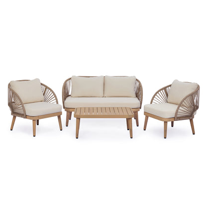 4-Piece Sculptured Seating Acacia Wood & Handwoven Rope Outdoor Conversation Set