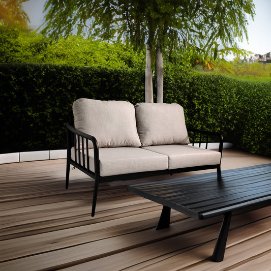 2-Piece Modern Aluminum Outdoor Loveseat & Oval Coffee Table Set with Sunbrella® Cushions – Ember Black