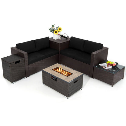 DirectDeals 6-Piece Outdoor Wicker Furniture Set with 32-Inch Propane Fire Pit Table