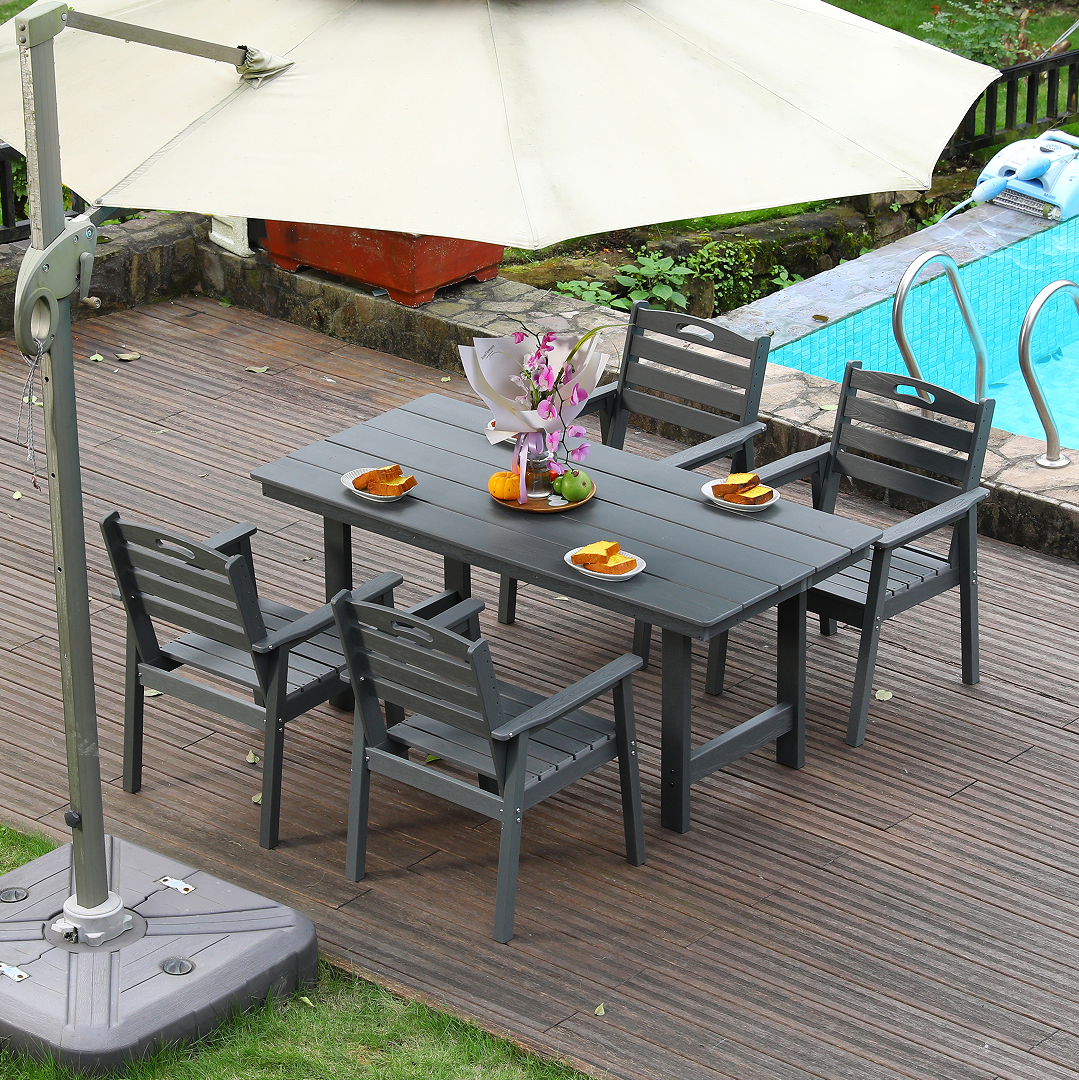 5-Piece Grey HDPE Outdoor Dining Set with Umbrella Hole – Seats 4