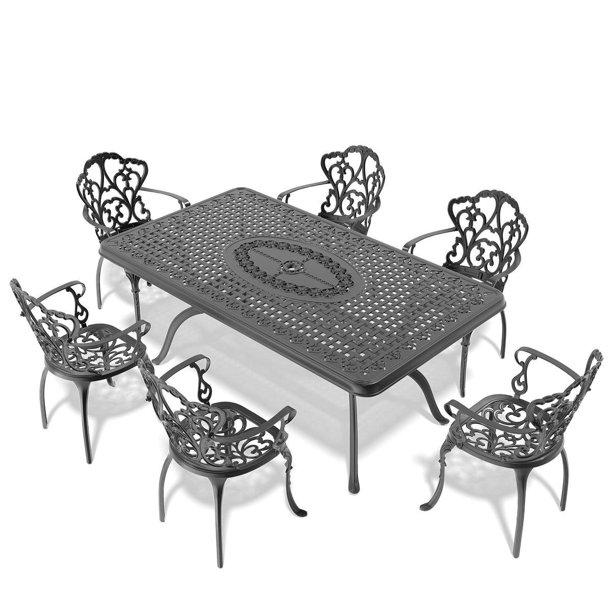7-Piece Elegant Cast Aluminum Outdoor Dining Set with Cushions – Seats 6
