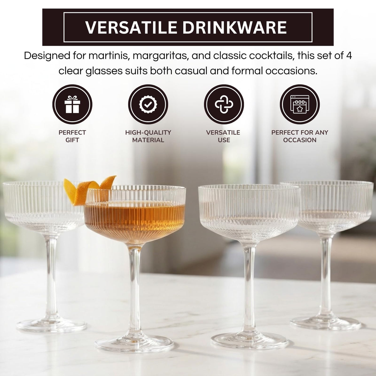 Barcelona Ribbed Acrylic Coupe Glassware, Set of 4