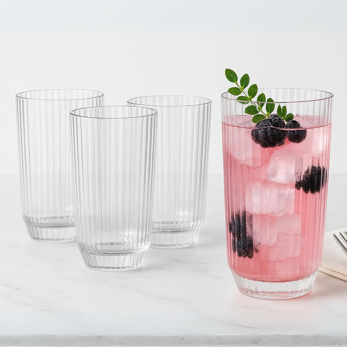 Premium Tritan  Shatterproof Ribbed Drinking Glasses – Set of 4 Clear 12oz