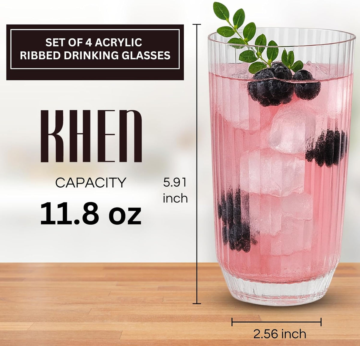 Premium Tritan  Shatterproof Ribbed Drinking Glasses – Set of 4 Clear 12oz