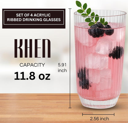 Premium Tritan  Shatterproof Ribbed Drinking Glasses – Set of 4 Clear 12oz