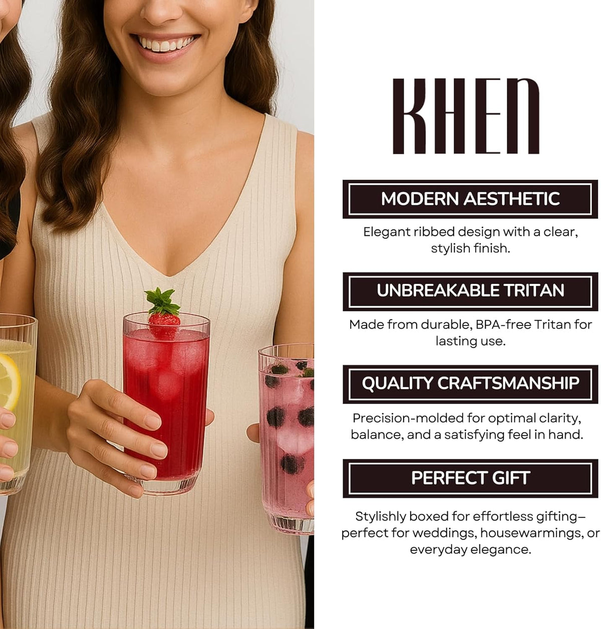Premium Tritan  Shatterproof Ribbed Drinking Glasses – Set of 4 Clear 12oz