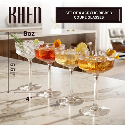 Barcelona Ribbed Acrylic Coupe Glassware, Set of 4