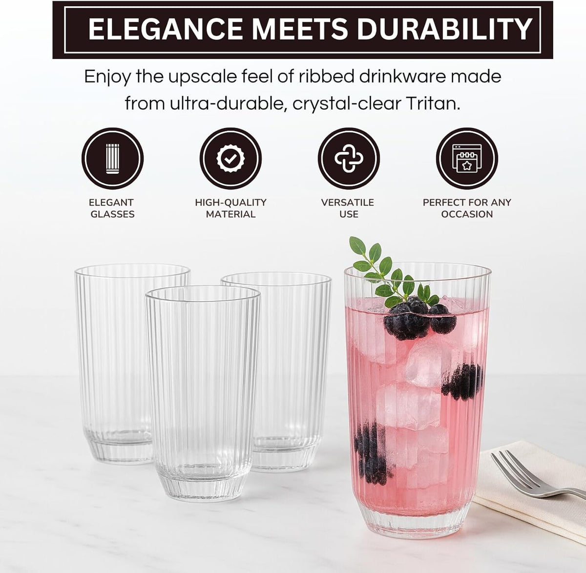 Premium Tritan  Shatterproof Ribbed Drinking Glasses – Set of 4 Clear 12oz