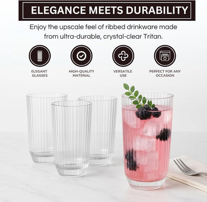 Premium Tritan  Shatterproof Ribbed Drinking Glasses – Set of 4 Clear 12oz