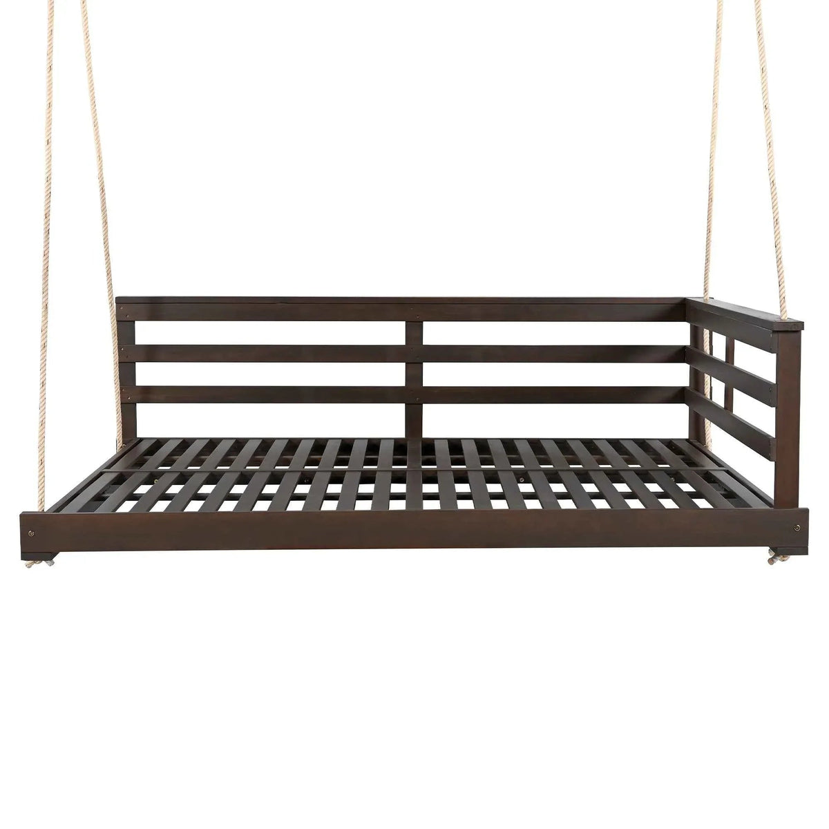 Acacia Wood Full-Size Outdoor Swing Bed with Hemp Ropes