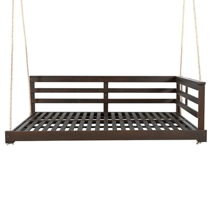 Acacia Wood Full-Size Outdoor Swing Bed with Hemp Ropes