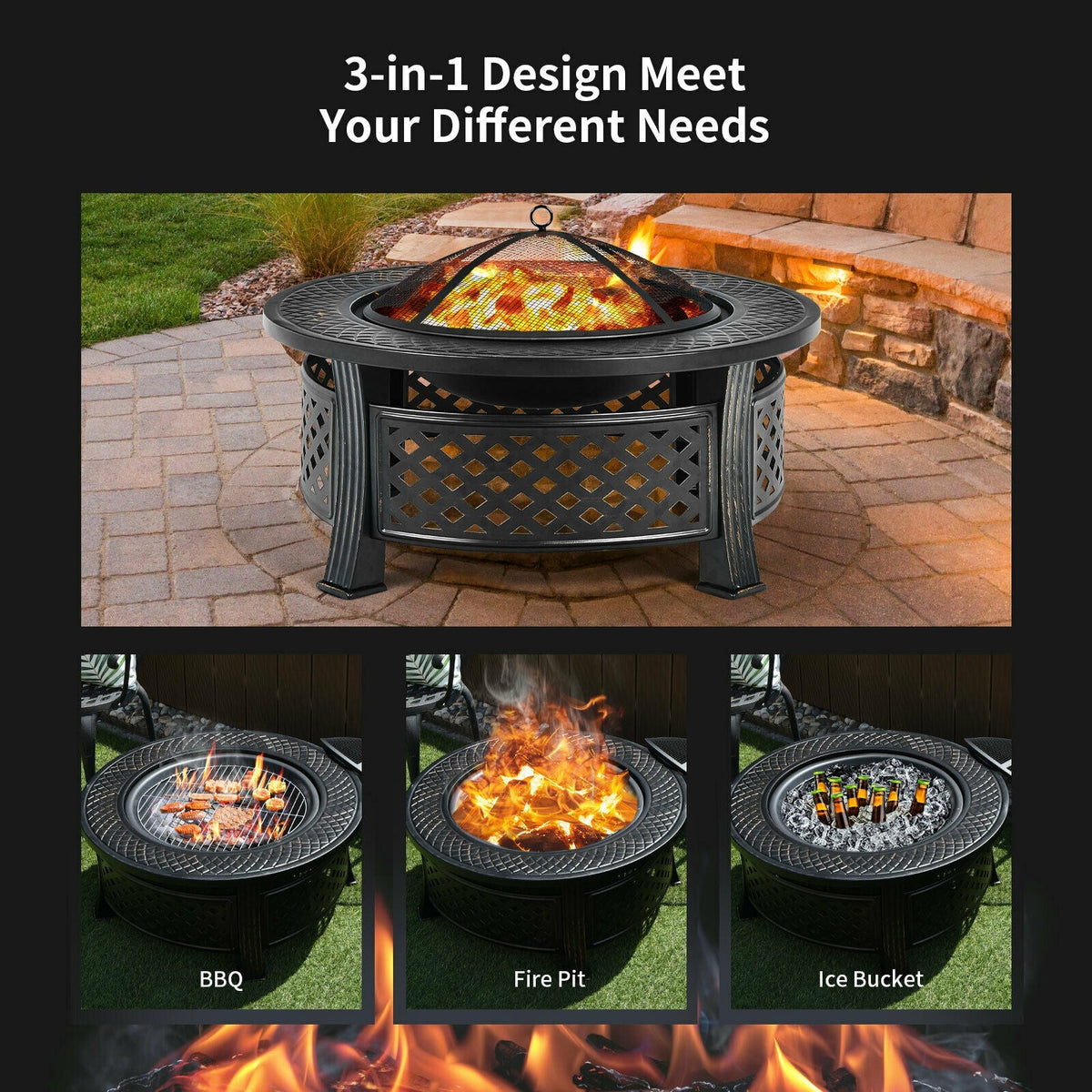 DirectDeals Outdoor Fire Pit with BBQ Grill – Multifunctional Steel Fire Pit