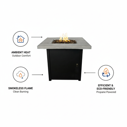 30-inch Black Fiber-Reinforced Concrete Square Propane Fire Pit Table - 40,000 BTU