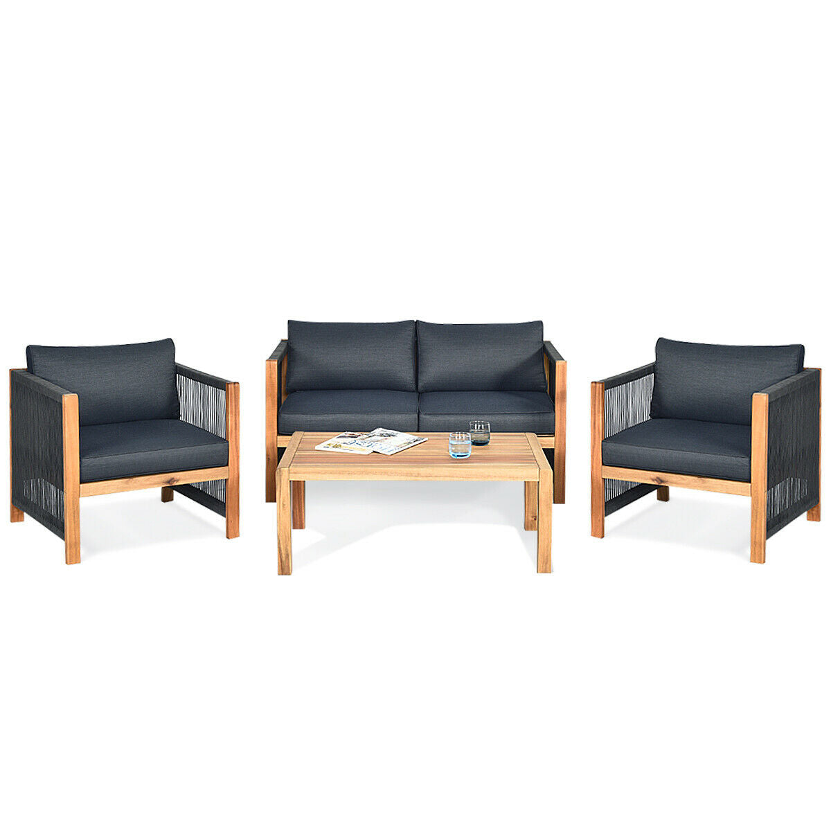 4-Piece Acacia Wood & Rope Outdoor Patio Conversation Set with Cushions