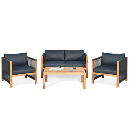 4-Piece Acacia Wood & Rope Outdoor Patio Conversation Set with Cushions