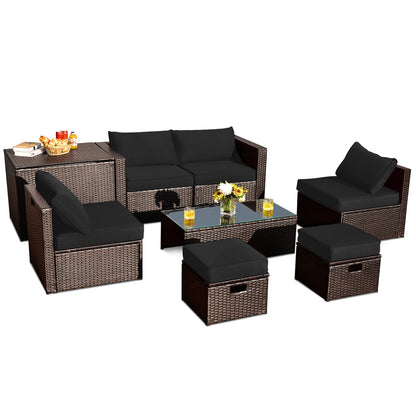8-Piece Outdoor PE Rattan Patio Furniture Set with Storage Table & Protective Cover