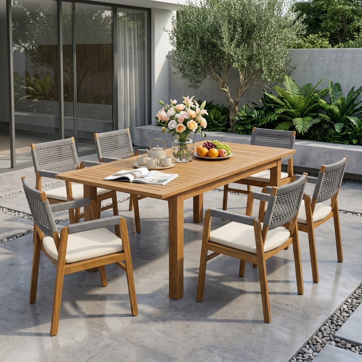 7-Piece Expandable Acacia Wood & Rope Outdoor Dining Set – Seats 6