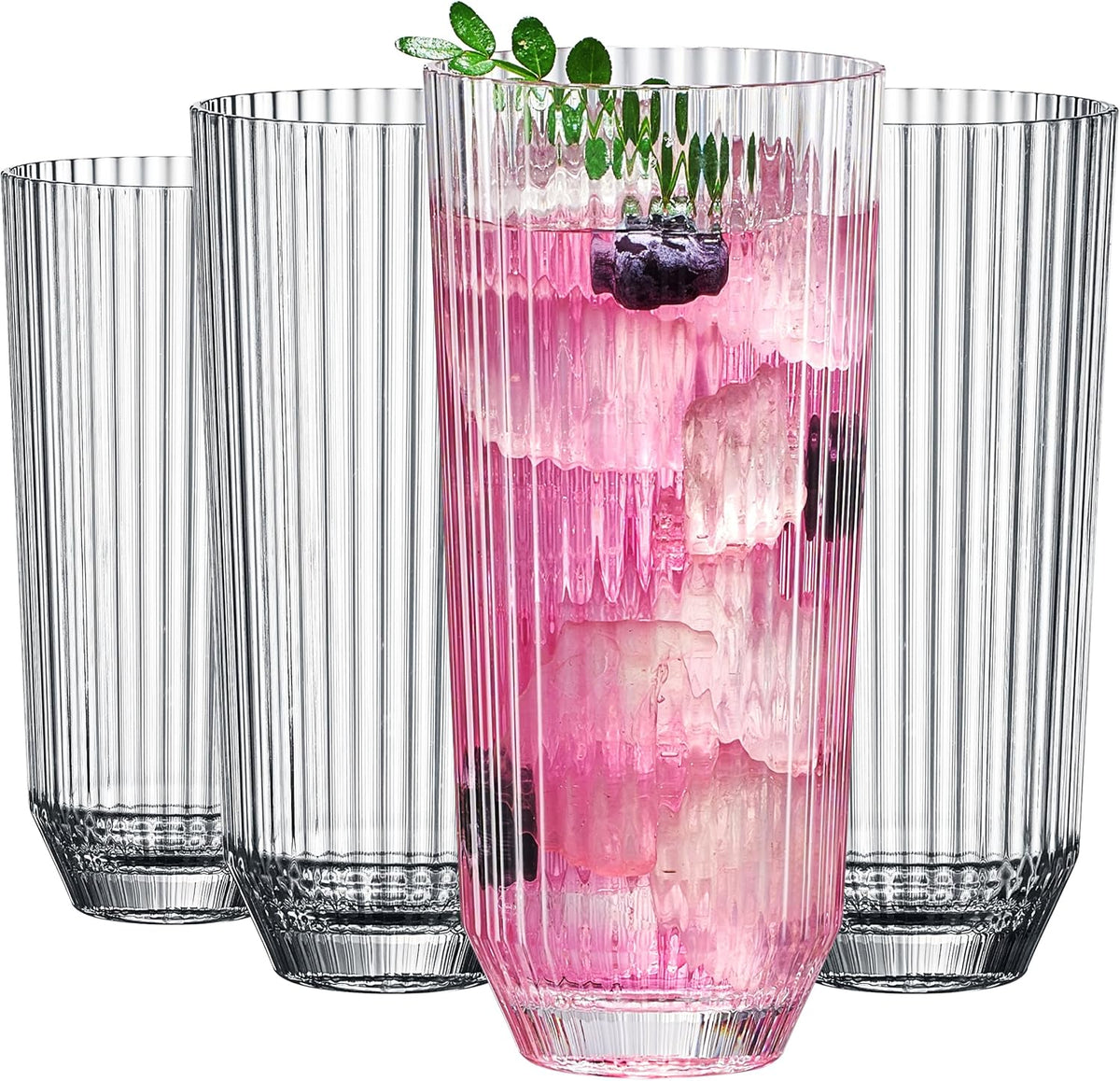 Premium Tritan  Shatterproof Ribbed Drinking Glasses – Set of 4 Clear 12oz