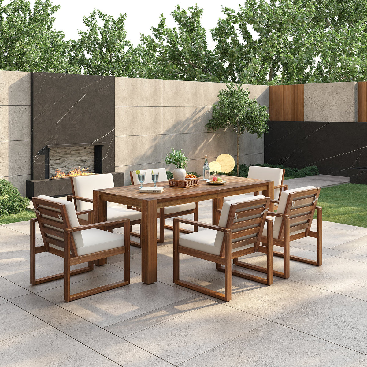 7-Piece Acacia Wood Outdoor Dining Set with Bench Seating &amp; Cushions