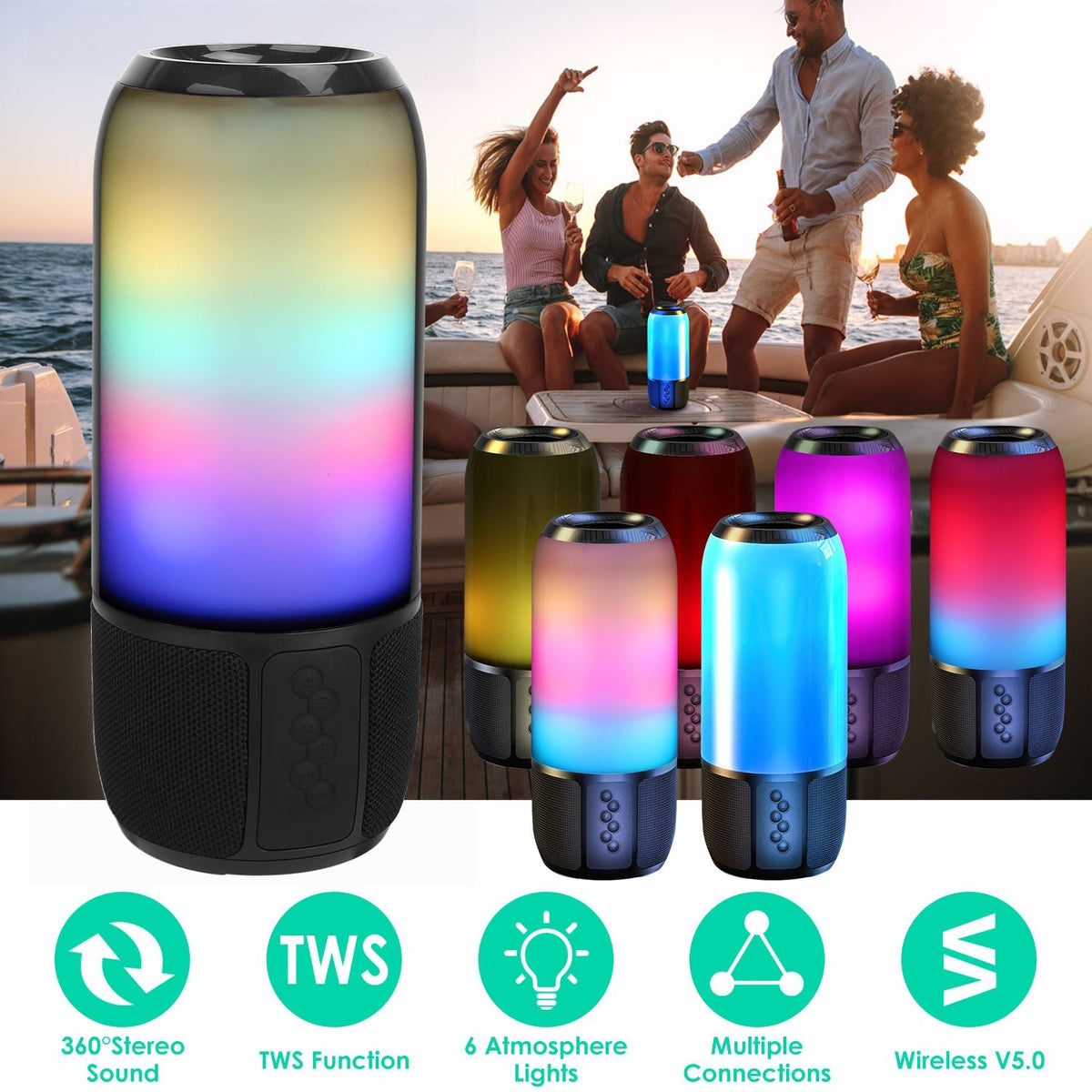 LJG Wireless Portable Stereo Speaker with Color-Changing Lights