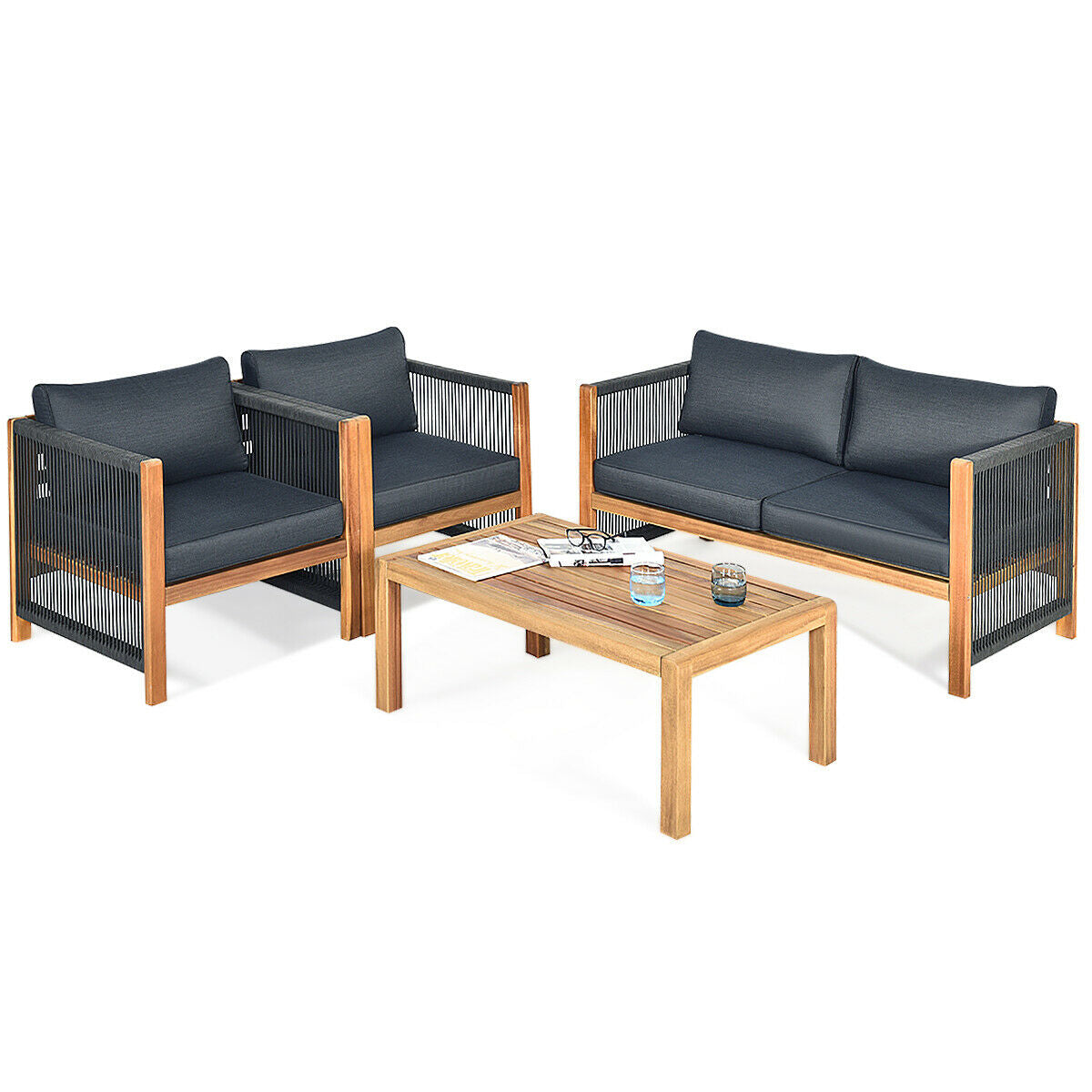 4-Piece Acacia Wood & Rope Outdoor Patio Conversation Set with Cushions
