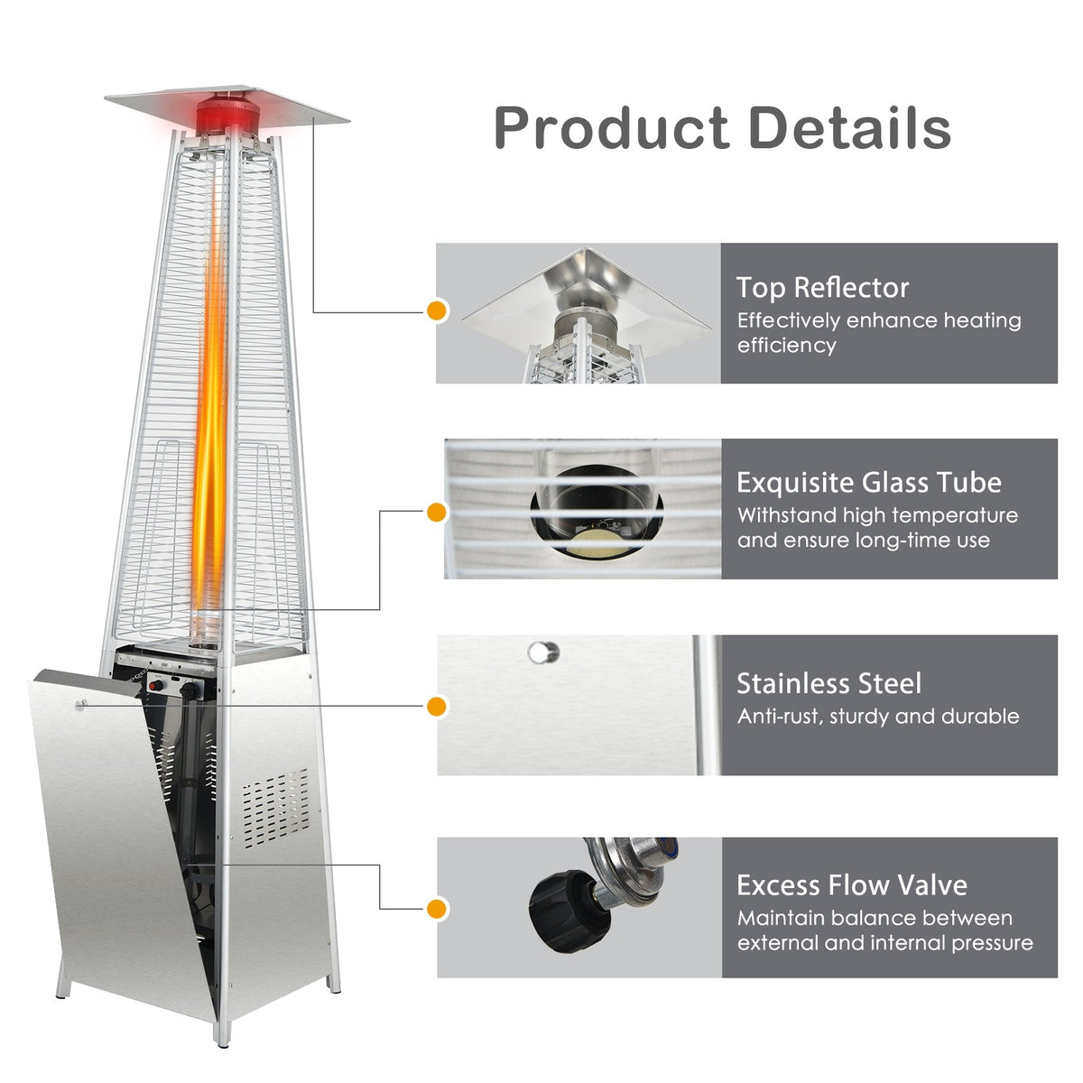 DirectDeals 42,000 BTU Pyramid Patio Heater with Glass Flame Tube - Lavista Moderna