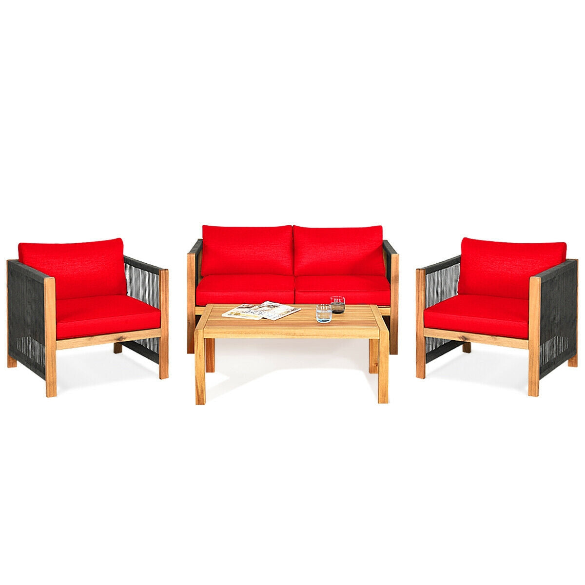 4-Piece Acacia Wood & Rope Outdoor Patio Conversation Set with Cushions