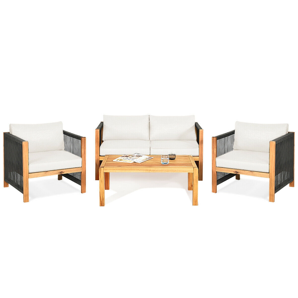 4-Piece Acacia Wood & Rope Outdoor Patio Conversation Set with Cushions