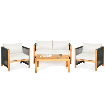 4-Piece Acacia Wood & Rope Outdoor Patio Conversation Set with Cushions