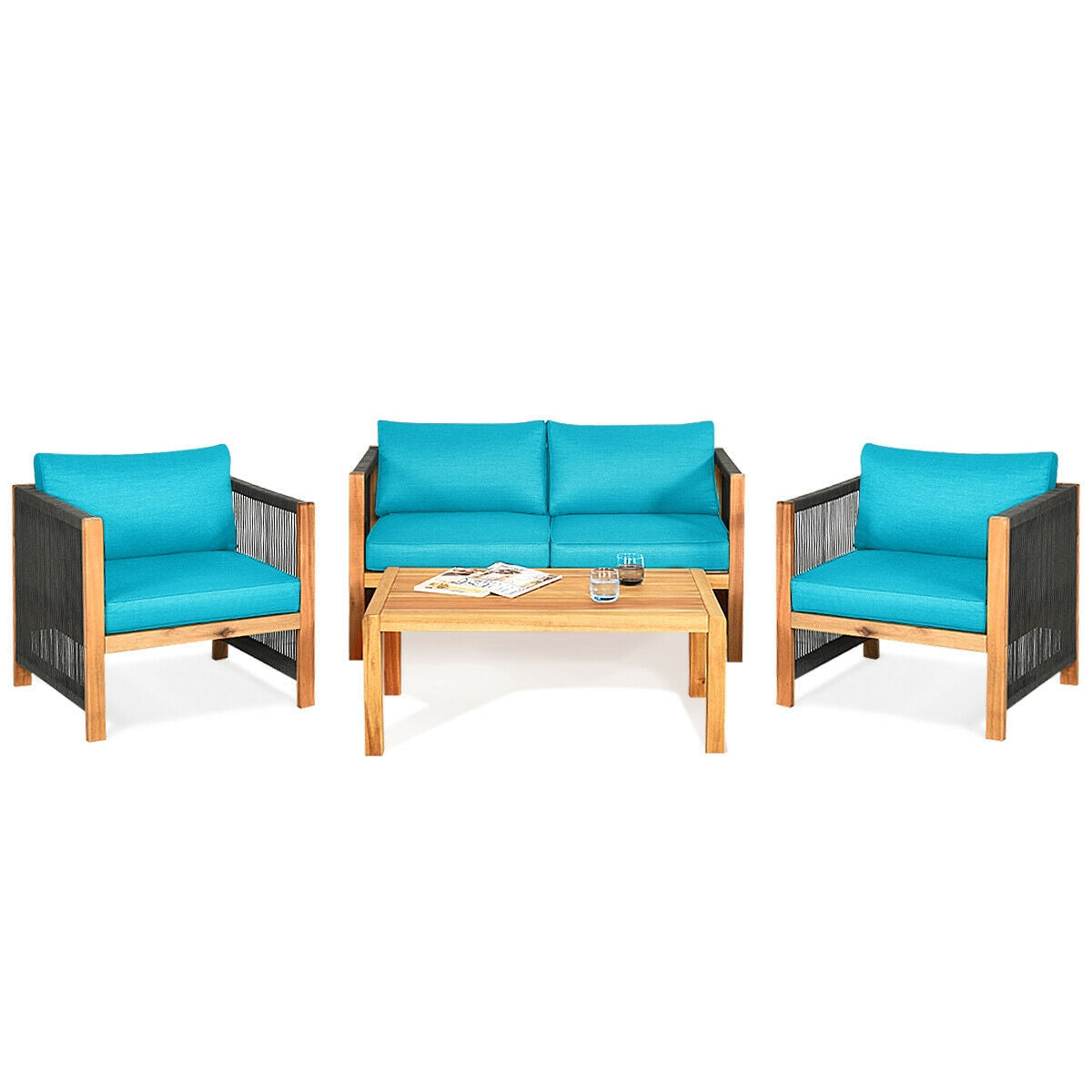 4-Piece Acacia Wood & Rope Outdoor Patio Conversation Set with Cushions