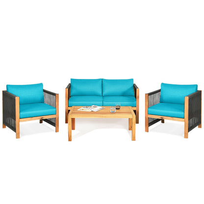 4-Piece Acacia Wood & Rope Outdoor Patio Conversation Set with Cushions