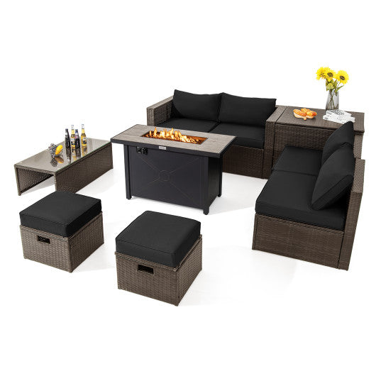 9-Piece PE Wicker Outdoor Sectional Set with 60,000 BTU Propane Fire Pit Table, Storage & Covers