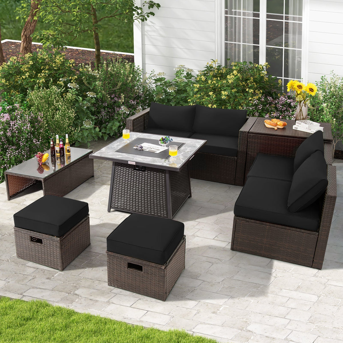 DirectDeals 9-Piece PE Wicker Sectional Set with 50,000 BTU Fire Pit
