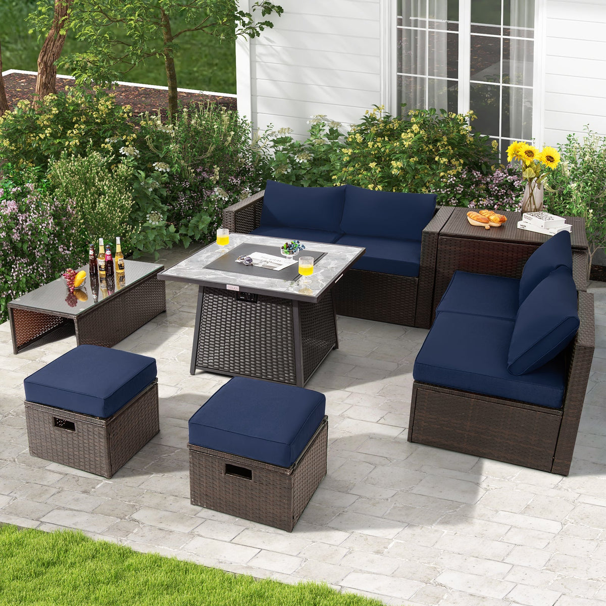 DirectDeals 9-Piece PE Wicker Sectional Set with 50,000 BTU Fire Pit