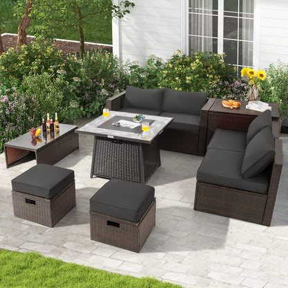 DirectDeals 9-Piece PE Wicker Sectional Set with 50,000 BTU Fire Pit