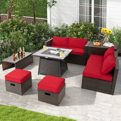 DirectDeals 9-Piece PE Wicker Sectional Set with 50,000 BTU Fire Pit