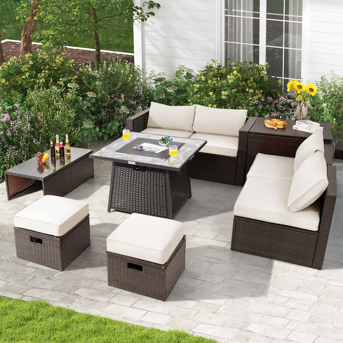 DirectDeals 9-Piece PE Wicker Sectional Set with 50,000 BTU Fire Pit
