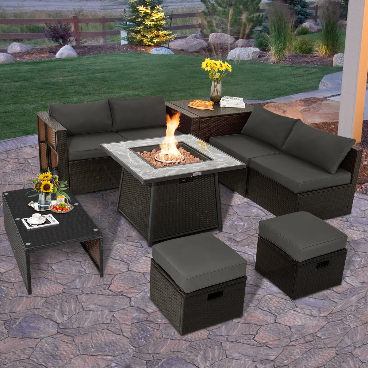 DirectDeals 9-Piece PE Wicker Sectional Set with 50,000 BTU Fire Pit